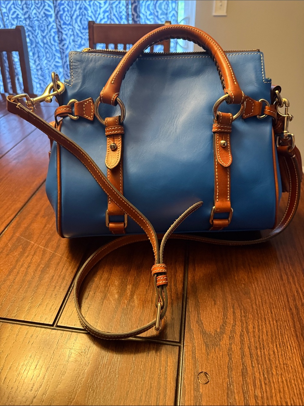 Dooney & Bourke Blue Leather Satchel with Brown Trim and Handles - Picture 3 of 4